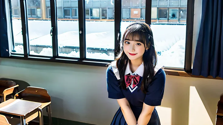 cute high school girl, 18-year-old, Wearing a navy blue miniskirt uniform.、The background is inside the classroom、I can see snow outside the window