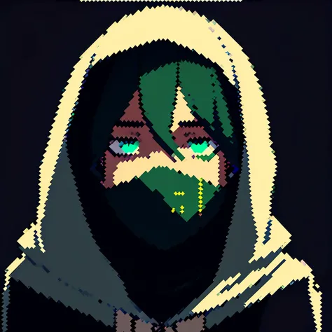 Pixel art avatar, a picture of a man wearing a hood, no face, his face is a question mark. The background is green binary numbers with black backgrounds.