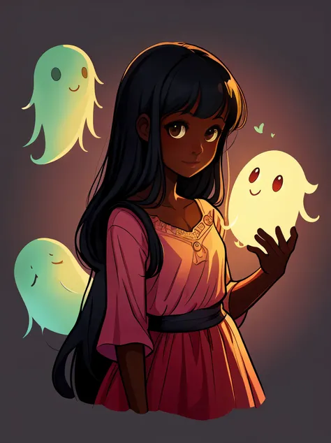 beautiful illustration sweet little girl with dark skin and long black hair and a cute semi-transparent ghost in the style of a childrens book, graphic novel concept art, raw style 