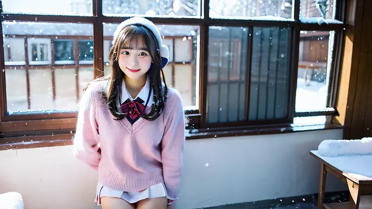 cute high school girl, 18-year-old, Wearing a light pink miniskirt uniform.、The background is inside the classroom、I can see snow outside the window