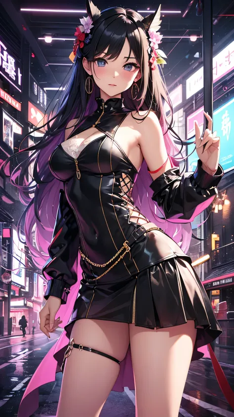 最high quality、best image quality、masterpiece、teenage girl((18-year-old、 By becoming、vest bust、medium bust,wide open breast tea、black eye, colorful hair、long hair、thin,highest valley、toned chest、black dress、black long skirt、run)),high quality、beautiful art、...