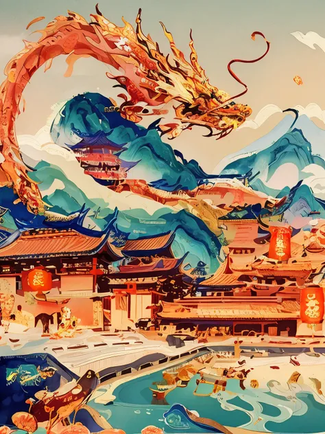 Dragon painting in front of building with mountains as background, Chinese watercolor style, Chinese dragon concept art, Chinese painting style, Chinese fantasy, Chinese style painting, Chinese traditional watercolor painting, Chinese heritage, Chinese tra...