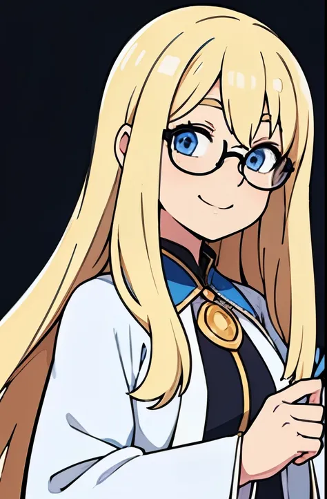 a wizard woman, wearing white robe, blonde hair, blue eyes, cute smile, black ground, cute smile, round glasses