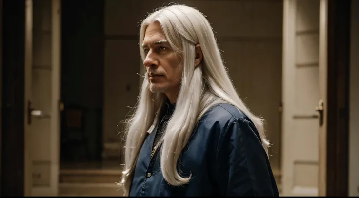 a wise man in his 50s with long white hair, standing looking to the right side, 8K, cinematic, high quality