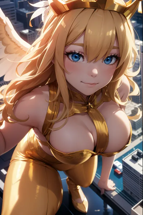 Aerial View，giant girl 50,000 feet high，Weight 1000kg，Has a pair of huge golden angel wings，With huge devil horns on his head，Has waist-length blond hair，loose hair，Blonde hair with big wavy curls，gold crown，Wearing a pair of gold Mary Jane high heels，Gold...