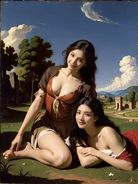 Ancient Roman ruins,Poussin-style landscape,A smile,,Sweet and seductive appearance.、Caravaggios paintings、Chiaroscuro of Caravaggio、Hair disheveled in the wind,Two women frolicking,Cute smile, Expression of ecstasy,A sexy,Erotic