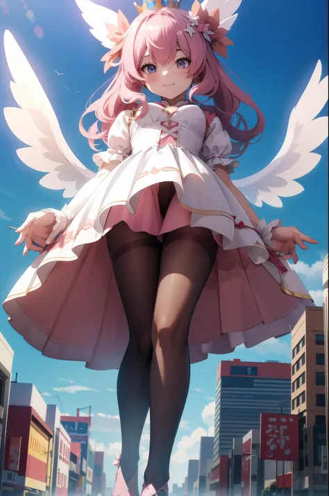 Aerial View，giant girl 50,000 feet high，Weight 1000kg，Has a pair of huge pink angel wings，With huge devil horns on his head，Has waist-length pink hair，loose hair，Pink wavy hair，Pink crown，Wearing a pair of pink Mary Jane high heels，Pink lace gloves，Pink la...