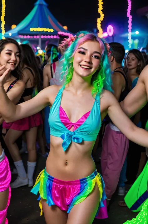 pretty and wild lady at the night rave dancing excitedly and surrounded by strangers. She is lost in the music and sound, completely oblivious to the photo being taken of her.