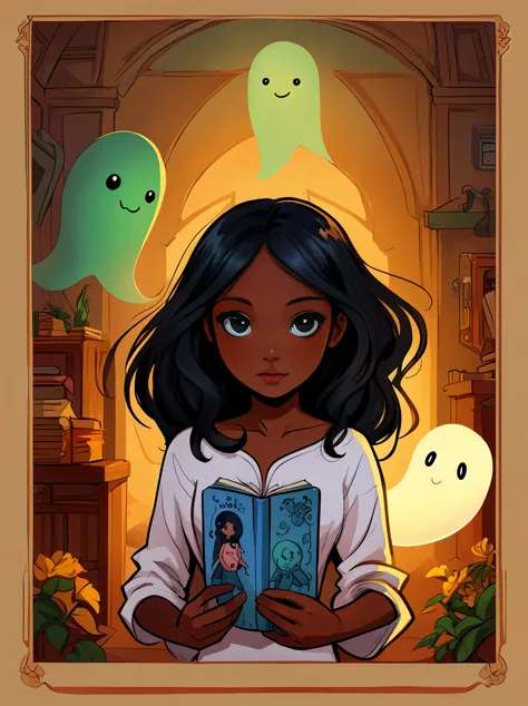 beautiful illustration sweet little girl with dark skin and long black hair and a cute semi-transparent ghost in the style of a childrens book, graphic novel concept art, raw style 