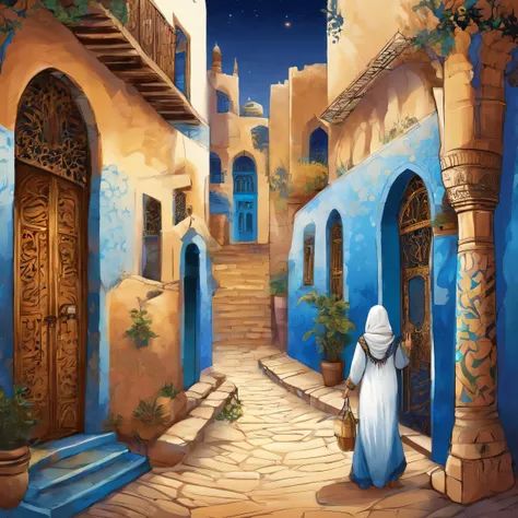 a girl in the Tunisian sefsari, visible from behind, walking late in the evening, a narrow and dark alley of the medina, blue and white walls of buildings, colorful lamps above her head