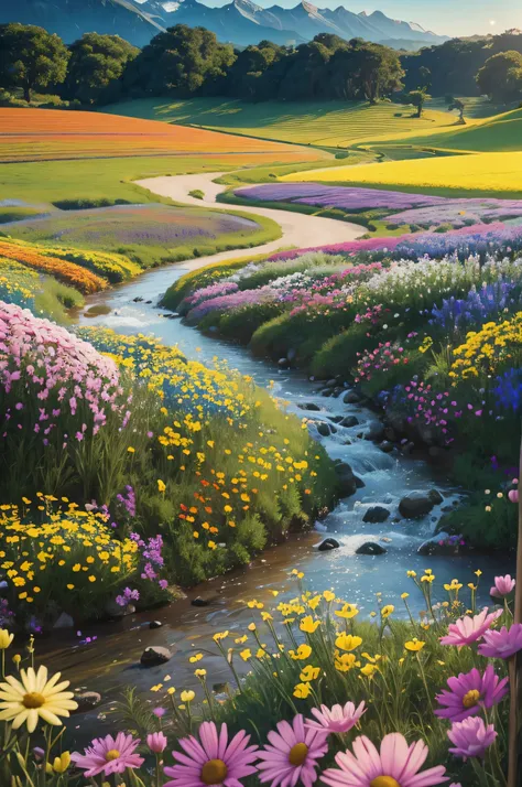 imagem de uma paisagem ensolarada de um dia, apenas a paisagem com flores, Campo florido, nobody, sem animais, infantil vibrante, Estilo de arte, desenho animado, artistic, paleta de cores suaves, flowers of various types blown by the wind, brilho, magic p...