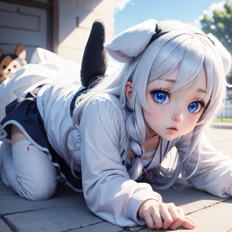 very cute anime ai puppy, White, blue eyes, beautiful background.