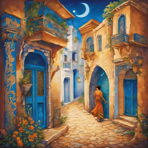 a girl in the Tunisian sefsari, visible from behind, walking late in the evening, a narrow and dark alley of the medina, blue and white walls of buildings, colorful lamps above her head