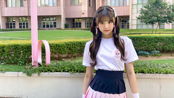 An 18-year-old high school girl wearing a white shirt with a ribbon and a pink miniskirt..