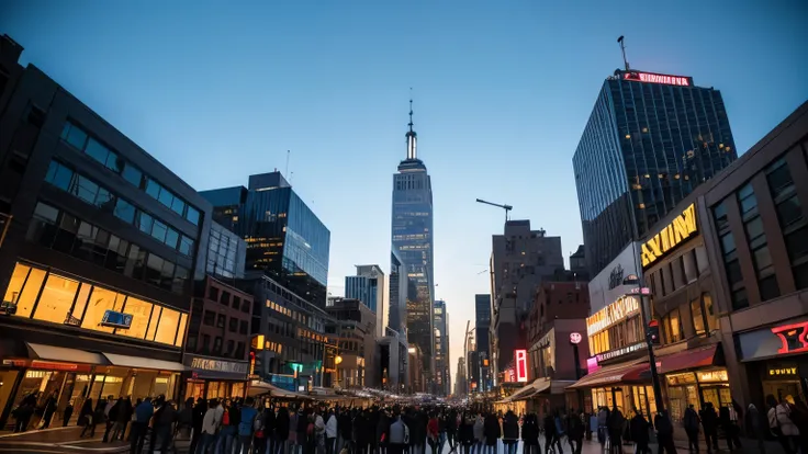 From the first perspective, on the streets of downtown New York, the crowd gazes at the sky in terror