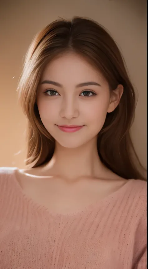 ((night, realistic light, highest quality, 8K, masterpiece: 1.3)), 1 girl, slim beauty: 1.4, abs: 1.1, (brown hair, medium breasts: 1.3), Pink long sweater: 1.1, Bathroom, super fine face, delicate eyes, double eyelid, smile, necklace