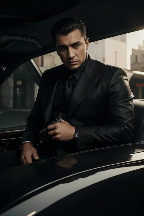 A luxury car behind, a mafia, a hard-faced, a handsome, a rich person with a gun in hand, a black car, and a baby-faced person. (best quality, 4k, highres, masterpiece:1.2), ultra-detailed, (realistic:1.37) portraits, dark and intense colors, dramatic ligh...