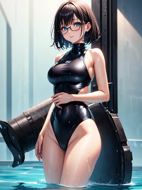 Top quality 8K UHD、pieces fly、cute eyes、Glasses、Black competitive swimsuit、Black latex high neck swimsuit、black metallic high neck swimsuit、Glasses、short hair、Glassesをかけた短髪の銀髪美女、wet skin、from the chest up、Put your hands behind your hips