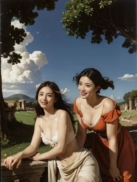 Ancient Roman ruins,Poussin-style landscape,A smile,,Sweet and seductive appearance.、Caravaggios paintings、Chiaroscuro of Caravaggio、Hair disheveled in the wind,Two women frolicking,Cute smile, Expression of ecstasy,A sexy,Erotic