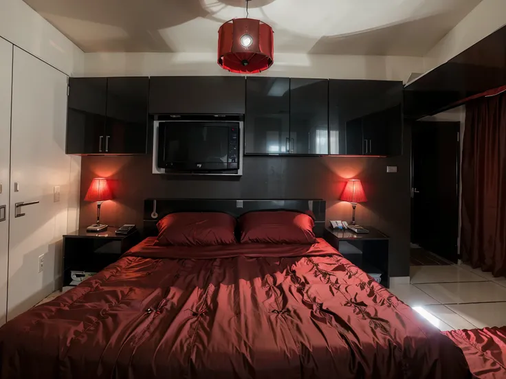 melhor qualidade, 4k, realista um (quarto bem organizado futurista bem iluminador) (single red bed, com travesseiro vermelhos, dressed up with red sheets) na parede tem (white and black cabinet) parede lisa azul claro