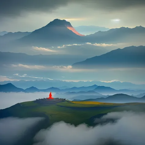 mountains, clouds, a temple, wild geese, Back view of a monk, Surrealism, god rays, ray tracing, anaglyph, cinematic lighting, close-up, wide shot, from outside, f/1.8, Sony FE GM, Surrealism, 8k