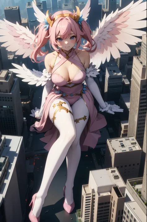 Aerial View，giant girl 50,000 feet high，Weight 1000kg，Has a pair of huge pink angel wings，With huge devil horns on his head，Has waist-length pink hair，loose hair，Pink wavy hair，pink crown，Wearing a pair of pink Mary Jane high heels，Pink lace gloves，Pink la...