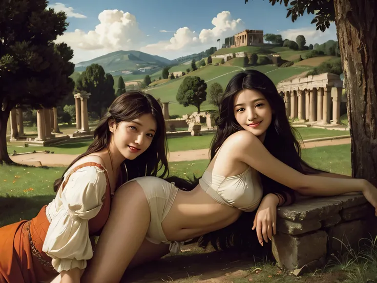 Ancient Roman ruins,Poussin-style landscape,laughter,,Sweet and seductive appearance.、Caravaggios paintings、Chiaroscuro of Caravaggio、hair tousled by the wind,Two women frolicking,cute smile, expression of ecstasy,Sexy,erotic