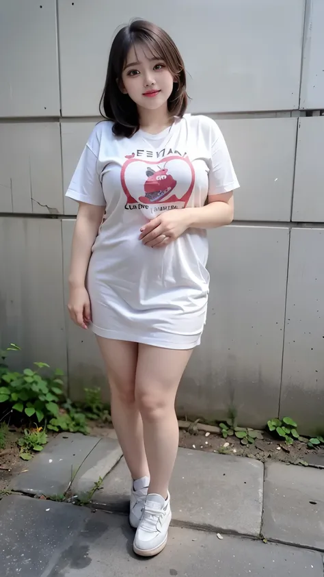 ((best quality)), (detailed), perfect face, chubby girl, pipi tembam, tampak full body, poni hair, berdiri, full body photoshoot, memakai sepatu sneaker, lengan chubby