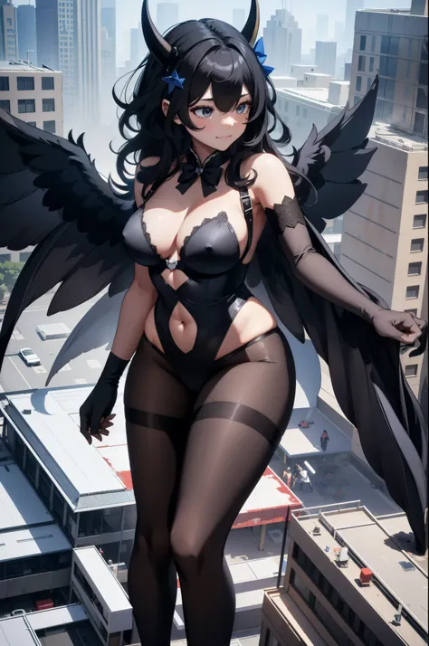 Aerial View，giant girl 50,000 feet high，Weight 1000kg，Has a pair of huge black angel wings，With huge devil horns on his head，Has waist-length black hair，loose hair，Big black wavy curls，black crown，Wearing a pair of black Mary Jane high heels，Black lace glo...