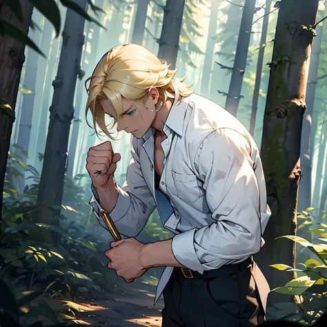 boy, 19 years, blond, medium-length hair, Blue eyes, In the woods, White shirt, one burnt sleeve, trousers, brass knuckles on fists, Thin body, student