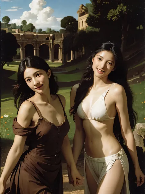 Ancient Roman ruins,Poussin-style landscape,A smile,,Sweet and seductive appearance.、Caravaggios paintings、Chiaroscuro of Caravaggio、Hair disheveled in the wind,Two women frolicking,Cute smile, Expression of ecstasy,A sexy,Erotic