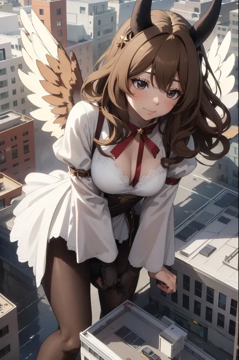 Aerial View，giant girl 50,000 feet high，Weight 1000kg，Has a pair of huge brown angel wings，With huge devil horns on his head，Has waist-length brown hair，loose hair，Brown big wavy curls，brown crown，Wearing a pair of brown Mary Jane heels，Brown lace gloves，B...