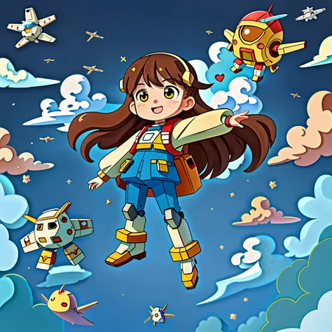 Girl with long brown hair，Put on the Gundam Robot Suit，在天空flight（flight)（in the sea of clouds），（There is love）happy，Surrounded by love，Surrounded by love，O sign，vector，line art，design，inspiration，straight line，RHAD