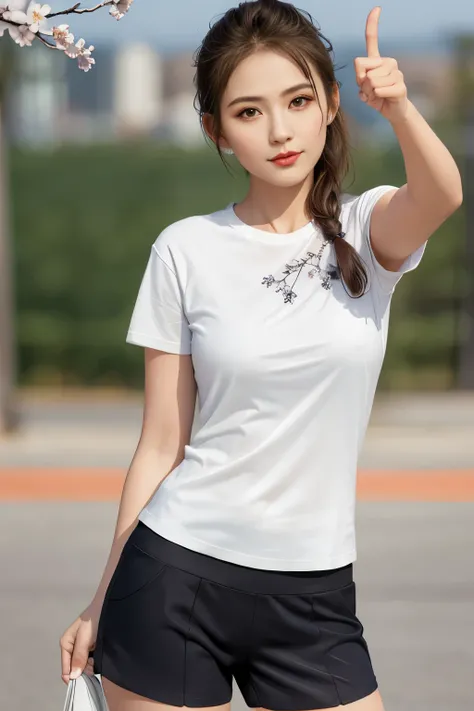 1girl, (looking at viewer),  (bokeh:1.2), light smile, realistic, (pointing at viewer) , t-shirt,legwear under shorts, 
school_yard,plum blossoms, 
best quality, (photorealistic:1.4), ultra highres,