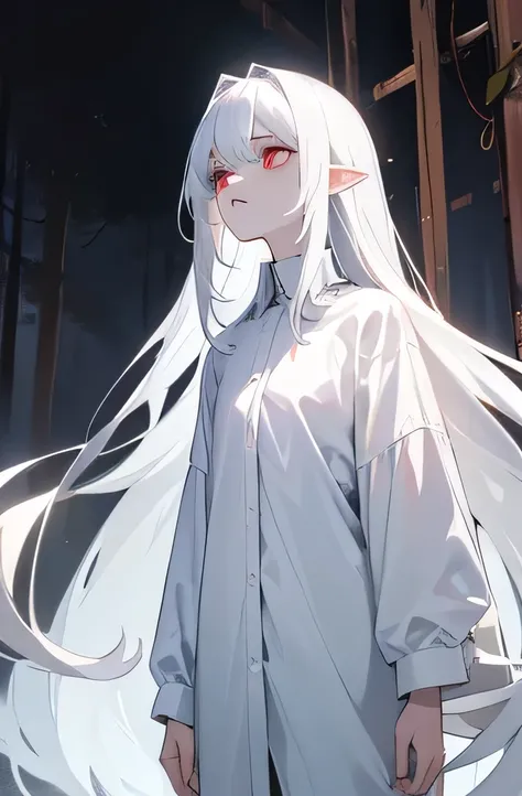 Young woman with white hair and pointed ears , skinny hipster, blood red eyes, smooth jawline, wearing only a white shirt, (Pale skin tone) hair is long, i grew up a little, ominous expression, Forest Cabin Background ,The hair is long enough to reach down...