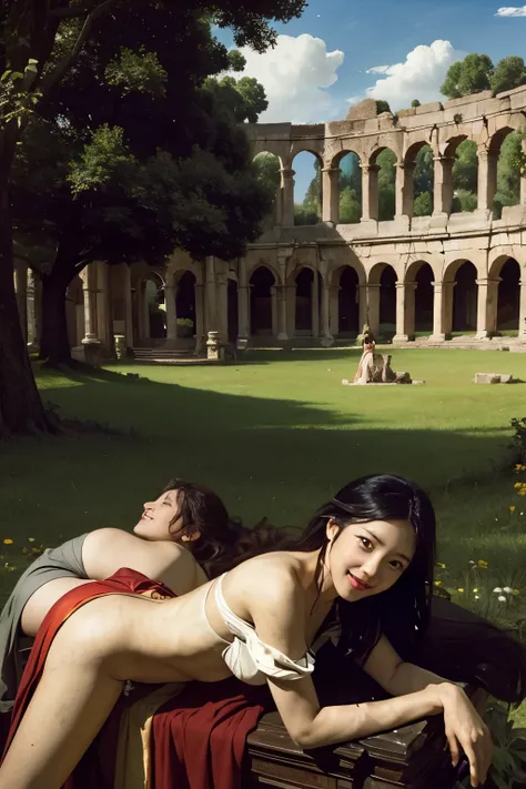 Ancient Roman ruins,Poussin-style landscape,A smile,,Sweet and seductive appearance.、Caravaggios paintings、Chiaroscuro of Caravaggio、Hair disheveled in the wind,Two women frolicking,Cute smile, Expression of ecstasy,A sexy,Erotic