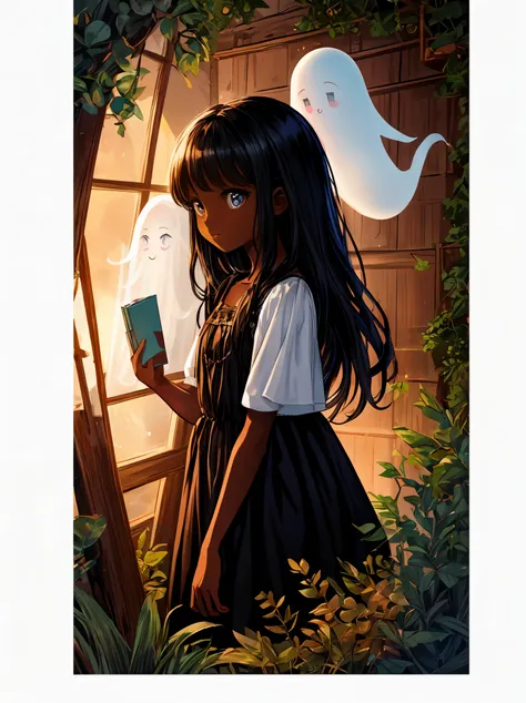 'beautiful illustration sweet little black girl with dark skin and long black hair and a cute semi-transparent ghost in the styl...