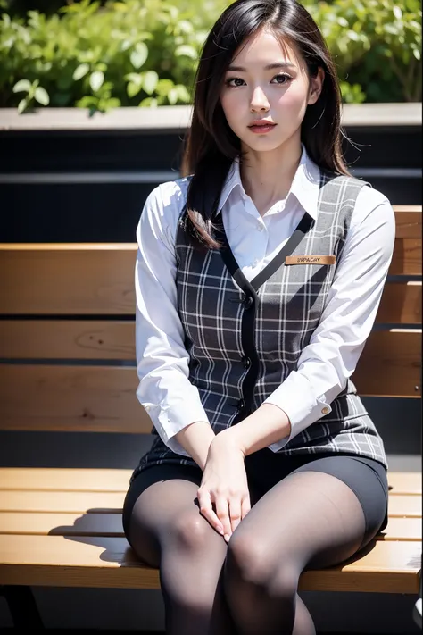 Ulchan-6500-v1.1, (RAW photo:1.2), (Photoreal), (genuine:1.4), １girl、perfect anatomy、42 years old、look at the camera、medium long hair、plaid vest、((sitting on the bench:1.3))、(super realistic pantyhose:1.2), (high heels)、(Business service)、