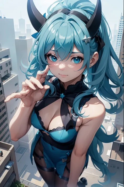 Aerial View，giant girl 50,000 feet high，Weight 1000kg，Has a pair of huge blue angel wings，With huge devil horns on his head，Has waist-length blue hair，loose hair，Blue wavy hair，cyan crown，Wearing a pair of cyan Mary Jane high heels，cyan lace gloves，Cyan la...