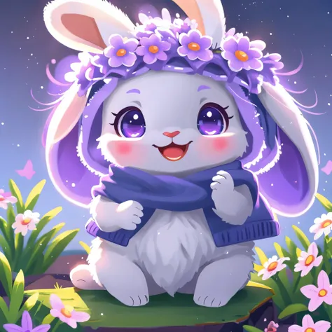 cgi, ultra-detailed, cute rabbit surrounded by flowers, laughing, best quality, high resolution, intricate details, fantasy, cute animal, purple, humorous, happy