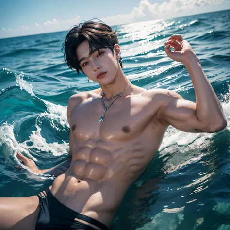 BTS Jungkook is a merman with lower half of the body being a fish tail , upper body is  hot and sexy He confidently smirks, his eyebrow and lip piercings adding a touch of edge. His hairstyle is a stylish wolf cut, he is in the ocean 