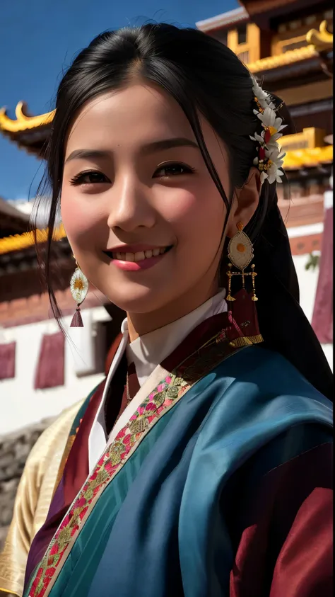 Alafid women in traditional clothes smiling in front of building, beautiful young himalayan woman, young himalayan woman, beautiful himalayan woman, of young women, , Mulan portrait, bhutan, palace ， A girl wearing Hanfu, a young asian woman, Close-up port...