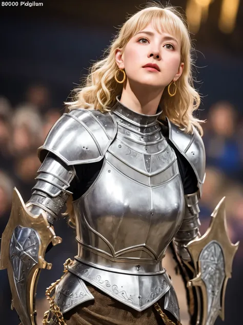 1 girl, Middle Earth Paladin ,Wearing armor ,Magic sword and powerful shield, Detail armor, Rusty armor, chain armor, Queens Crown, Fight goblins to protect innocent villagers, witch, short, thin, square face, olive skin, platinum blonde, golden eyes, shor...