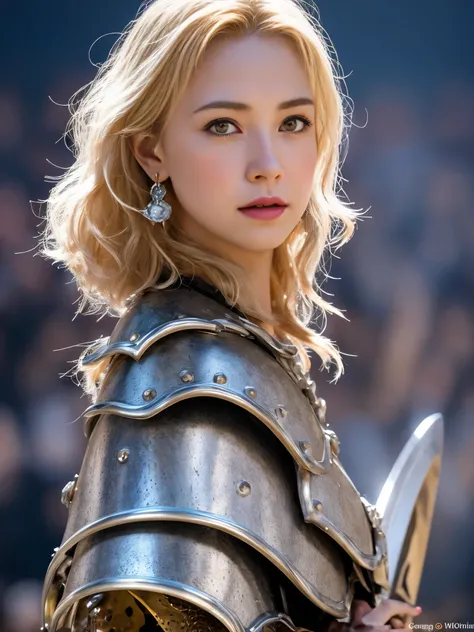 1 girl, Middle Earth Paladin ,Wearing armor ,Magic sword and powerful shield, Detail armor, Rusty armor, chain armor, Queens Crown, Fight goblins to protect innocent villagers, witch, short, thin, square face, olive skin, platinum blonde, golden eyes, shor...