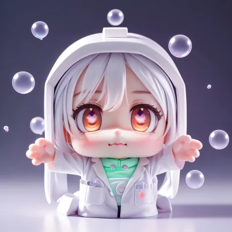 Super Lovely girl full body 3d drawing, 1pc, nice eyes, big eyes, Lovely, happy, c4d, pop matte blind box, glow的气泡, Toy, solid color background, chibi, Fluorescent translucent, glow, kawaii, Toy娃娃, ((((Home, white lab coat))), Reference table, Bubble Mart ...