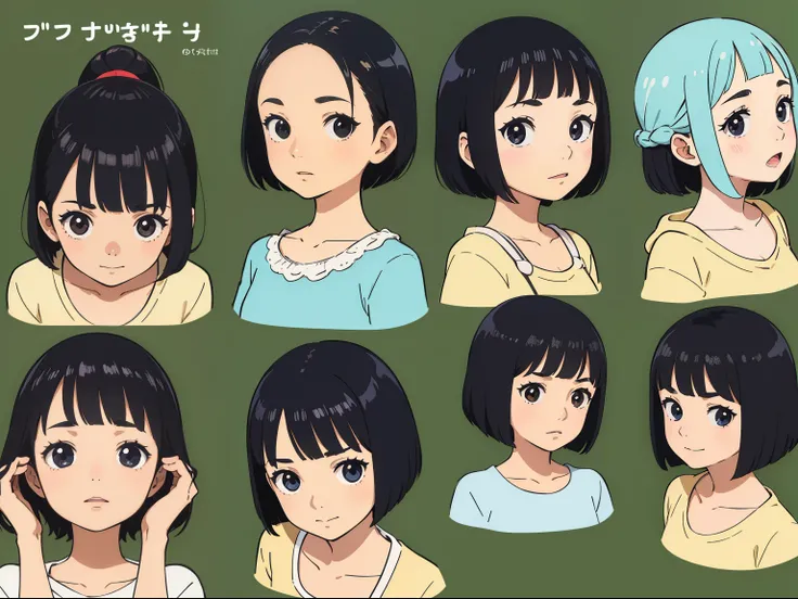 cute girl,black hair,short bob cut, character seet, Multiple pose and expressions, different angles, organizing, ghibli style, childrens book, meny character, Full body shot, hair off forehead bangs,short eyebrows, child