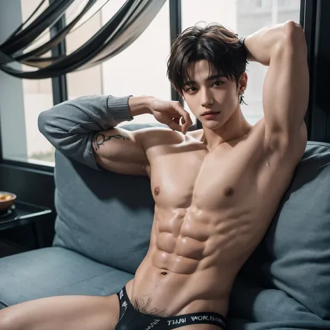 BTS Jungkook posing naked , showcasing his hot and sexy physique, with sculpted abs. He confidently smirks, his eyebrow and lip piercings adding a touch of edge. His hairstyle is a stylish wolf cut, complementing his muscular body. He is seen in alluring t...