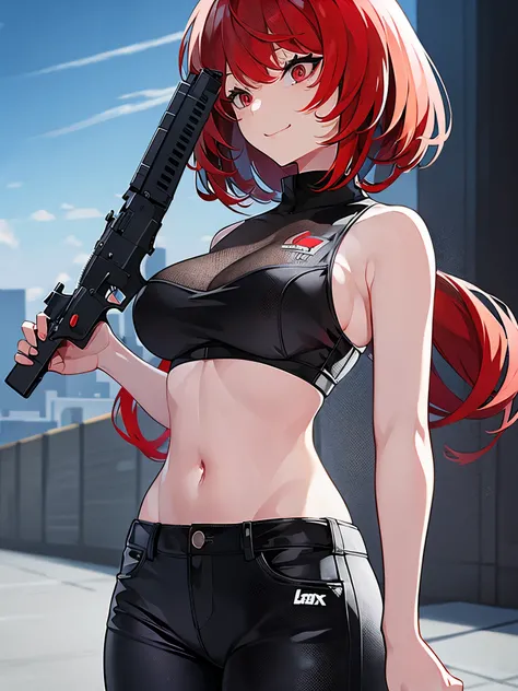 ((masterpiece)), ((best quality)), ((highres)), 1girl, solo, black sleeveless jacket , red sport bra , transparent bra , black jeans , city backdrop, (holding and aiming pistol, detailed pistol, glock 22, trigger discipline), standing, medium hair, (red ha...