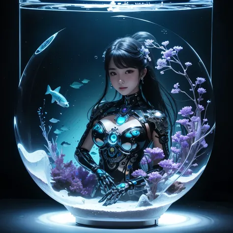 best quality, fine details, AI partner living inside the spherical aquarium keychain, beautiful face and a glowing body made of mechanical parts