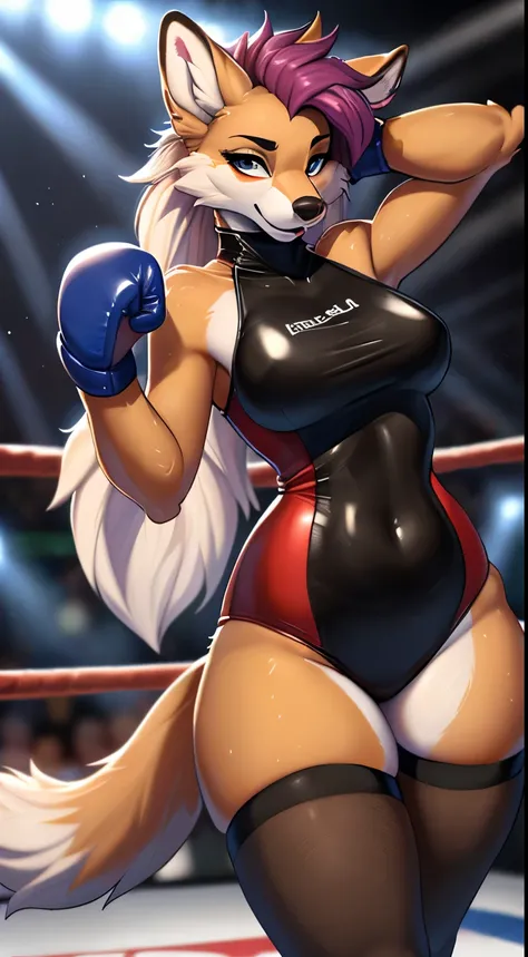 masterpiece, Best quality, Arrogant vixen, in a sexy high neck swimsuit, in sports stockings, wearing white boxing gloves, standing in the boxing ring 